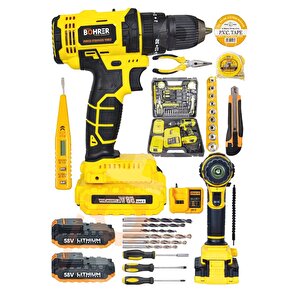 Böhr 58v 5ah Darbeli Metal Şanzıman 32 Parça Full Set Yellow Çift Akülü Şarjlı Vidalama Matkap