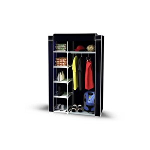 Dzgn Home Tek Yandan Raflı Metal Profilli Kumaş Bez Dolap Gardırop -Siyah