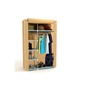 Dzgn Home Tek Yandan Raflı Plastik PVC Profilli Kumaş Bez Dolap Gardırop -Bej