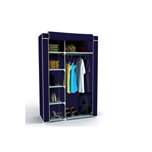 Dzgn Home Tek Yandan Raflı Plastik PVC Profilli Kumaş Bez Dolap Gardırop -Lacivert
