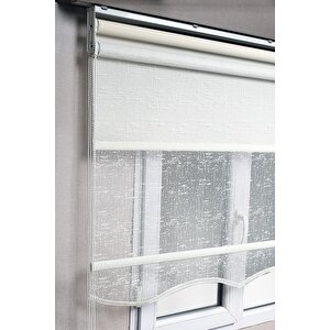 Çiftli Sistem Çizgili Kırık Beyaz Tül + Karartma Blackout Güneşlik Perdeler 190x260 cm