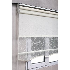 Çiftli Sistem Çiçekli Kırık Beyaz Tül + Karartma Blackout Güneşlik Perdeler 230x260 cm