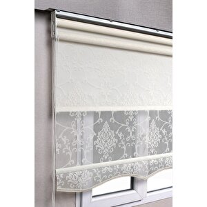 Çiftli Sistem Kırık Beyaz Damask Desenli Tül + Karartma Blackout Güneşlik Perdeler 210x260 cm