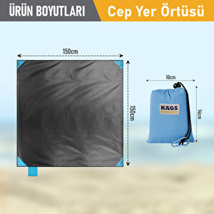 Haegs Cep Yer Örtüsü, Piknik Örtüsü Kamp Matı, Plaj Yer Örtüsü, Su Geçirmez, Kum Tutmaz, Hızlı Kurur, Hafif, Katlanabilir İnce Zemin Örtüsü Outdoor Açık Hava Kamp Yürüyüş Seyahat Için - El Askılı - 150-150cm - Mavi