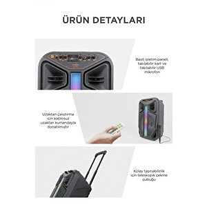Torima Gts-1846 Işıklı Mikrofonlu Kumandalı Tekerlekli Bluetooth Hoparlör Siyah