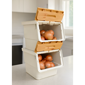 2’li Bambu Renk Tekerlekli Patateslik Soğanlık Oyuncak Kutusu Patates Soğan Sepeti Motek 24 Lt