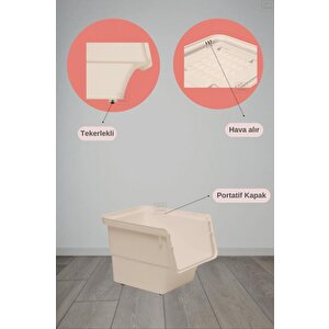 3’lü Tekerlekli Patateslik Soğanlık Oyuncak Kutusu Patates Soğan Sepeti Motek Krem 36 Lt