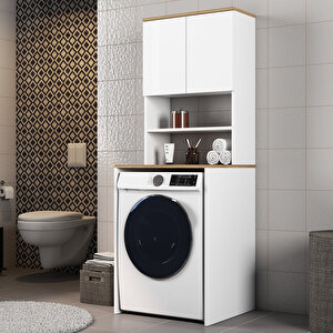 Mobilya Çamaşır Makinesi Dolabı Kapaklı Banyo Dolabı Alt Üst Takım Beyaz