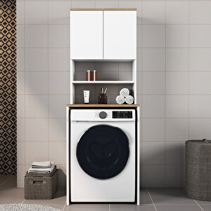 Mobilya Çamaşır Makinesi Dolabı Kapaklı Banyo Dolabı Alt Üst Takım Beyaz
