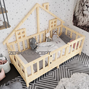 Pina İthal Ladin Doğal Ahşap Çatılı Montessori Karyola 80*180 Cm