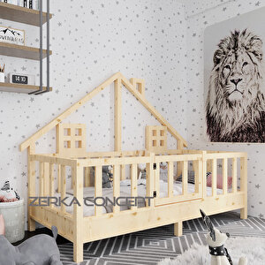 Pina İthal Ladin Doğal Ahşap Çatılı Montessori Karyola 80*130 Cm