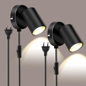Metal Mafsallı Siyah Spot Armatür Aplik Kablolu Fişli Beyaz Led Ampullü