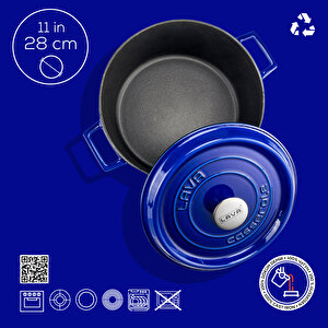Lava Döküm Yuvarlak Tencere Döküm Demir Yekpare Kulplu Premium Serisi Çap(ø)28cm. Mavi