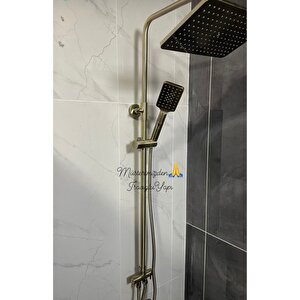 Mat Gold Duş Sistemi Mat Gold Tepe Yağmurlama Armatür Dahil Komple Set Fırçalanmış Dore Gold Kare
