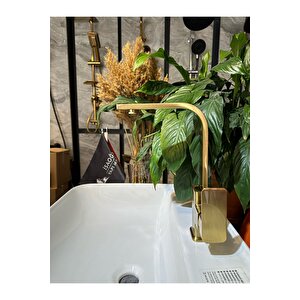 Mat Gold Lavabo Bataryası Dore Fırçalanmış Gold Lavabo Musluğu Kare Tasarım Batarya