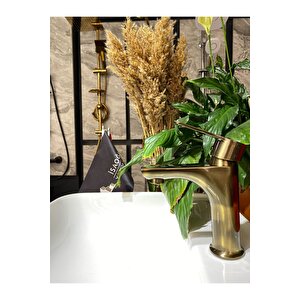 Antik Gold Royal Lavabo Bataryası Antik Eskitme Lavabo Musluğu Mat Altın Batarya Banyo Musluk