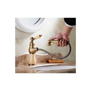 Antik Gold Spiralli Lavabo Bataryası Vintage Tasarım Mermerli Lavabo Musluğu Uzayan Sistem