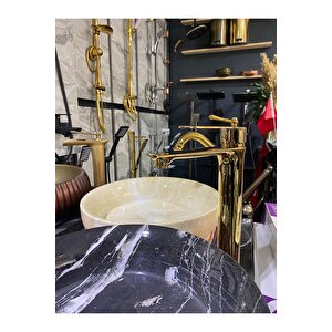 Gold Çanak Lavabo Bataryası Altın Çanak Musluğu Kare Slim Tasarım Çanak Bataryası Parlak Gold