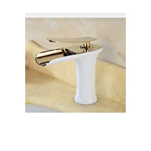 Lavabo Bataryası Gold Beyaz Lavabo Musluğu Şelale Akışlı Naturel Batarya Altın Beyaz