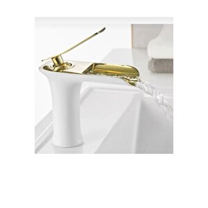 Lavabo Bataryası Gold Beyaz Lavabo Musluğu Şelale Akışlı Naturel Batarya Altın Beyaz
