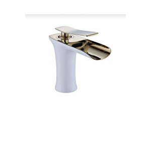 Lavabo Bataryası Gold Beyaz Lavabo Musluğu Şelale Akışlı Naturel Batarya Altın Beyaz