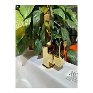 Gold Lavabo Bataryası Kolay Abdest Yüksek Model Banyo Musluğu Kare Tasarım Armatür