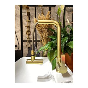 Antik Gold Spiralli Mutfak Bataryası Mat Gold Spiralli Evye Musluk Mat Altın Oynar Başlıklı Batarya