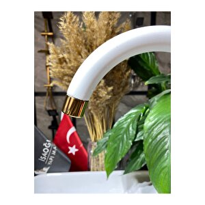 Gold Beyaz Mutfak Bataryası Mat Beyaz Evye Musluğu Altın Batarya Modern Tasarım