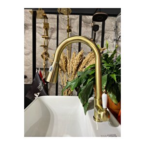 Antik Gold Luxury Spiralli Mutfak Bataryası Mat Altın Uzayan Başlıklı Evye Bataryası Gold Musluk
