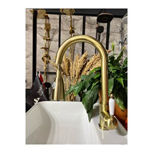 Antik Gold Luxury Spiralli Mutfak Bataryası Mat Altın Uzayan Başlıklı Evye Bataryası Gold Musluk