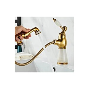 Gold Spiralli Lavabo Bataryası Vintage Tasarım Mermerli Spiralli Lavabo Musluğu