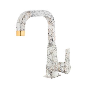 Granit Lavabo Bataryası Beyaz Gold Desenli Özel Tasarım Mimoza Armatür Lavabo Musluk