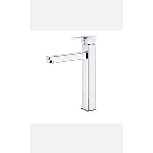 Çanak Lavabo Bataryası Kare Tasarım Çanak Armatür Yüksek Model Çanak Uyumlu Silver Gümüş