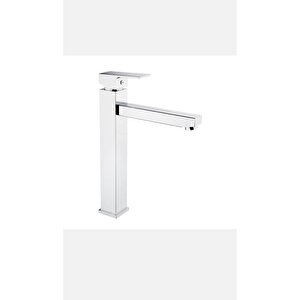 Çanak Lavabo Bataryası Kare Tasarım Çanak Armatür Yüksek Model Çanak Uyumlu Silver Gümüş