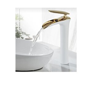 Çanak Lavabo Bataryası Gold Beyaz Şelale Lavabo Musluğu Naturel Akışlı Batarya