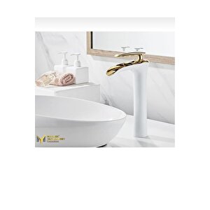 Çanak Lavabo Bataryası Gold Beyaz Şelale Lavabo Musluğu Naturel Akışlı Batarya
