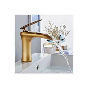 Antik Gold Lavabo Bataryası Şelale Musluk Mat Gold Doğal Akışlı Lavabo Musluğu