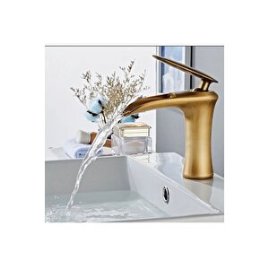 Antik Gold Lavabo Bataryası Şelale Musluk Mat Gold Doğal Akışlı Lavabo Musluğu