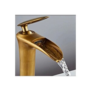 Antik Gold Lavabo Bataryası Şelale Musluk Mat Gold Doğal Akışlı Lavabo Musluğu