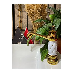 Gold Lavabo Bataryası Altın Lavabo Musluk Taşlı Özel Tasarım Altın Batarya