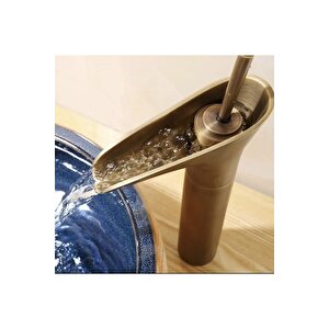 Çanak Lavabo Bataryası Antik Gold Renk Şelale Musluk Doğal Akışlı Çanak Lavabo Armatür