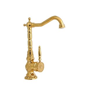 Gold Mutfak Bataryası Vintage Evye Musluğu İşlemeli Armatür Gold Batarya