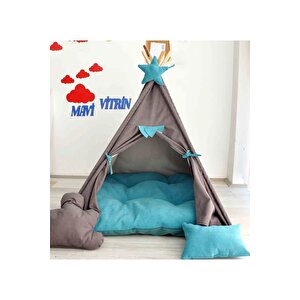 Büyük Irk Köpek Evi Çadırı Yıkanabilir Yırtılmaz Kumaş Soft Minderli Yastık - 110 x 140 cm - Mavi