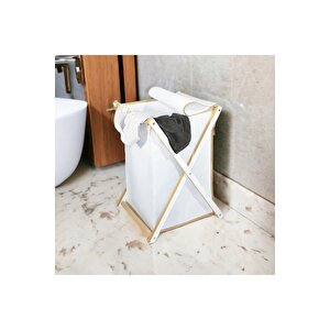 Katlanır Çamaşır Sepeti Bez Kumaşlı Yıkanabilir Portatif Banyo Kirli Sepeti Ahşap Beyaz
