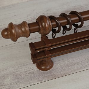 Ceviz Ahşap Rustik Çift Raylı Perde Askısı 210 cm