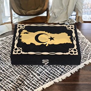 28-20-6 Cm Türk Bayraklı Siyah Kadife Kuran-ı Kerim Kutusu Hediye Kutusu Tesbih Kitap Kutusu