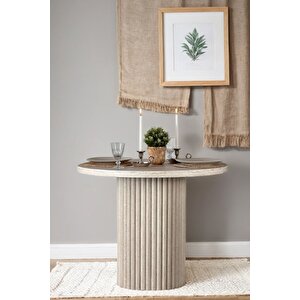 Mirla Yuvarlak Ahşap Traverten Dokulu Masa 90x90