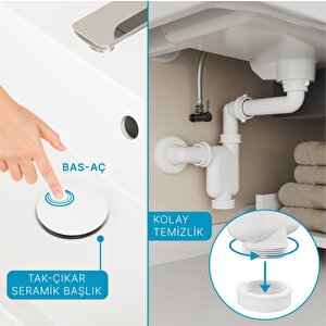 Comfort Yer Kazandıran Lavabo Sifonu +  Pop-up Sifon, Beyaz Seramik Başlıklı ,taşma Delikli,  (1 -1/4)