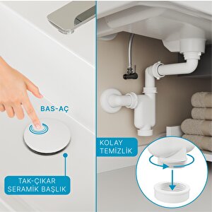 Comfort Yer Kazandıran Lavabo Sifonu +  Pop-up Sifon, Beyaz Seramik Başlıklı ,taşma Deliksiz,  (1 -1/4)