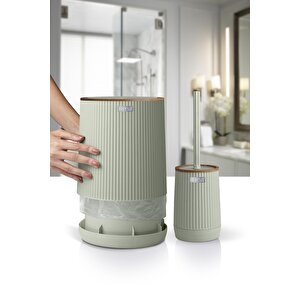 Okyanus Home Nida Yeşil Ahşap Desenli Eko 2'li Wc Kova Ve Fırça Seti